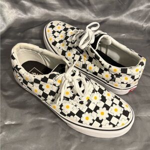 Vans Black White Checkerboard Sneakers with Yellow Daisy Accents